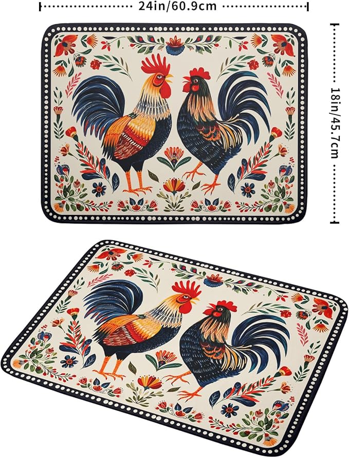 Rooster Poultry Dish Drying Mat for Kitchen Counter 18x24 Inch Microfiber Absorbent Colorful Printing Drying Pad - Image 2