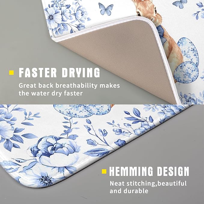 Vintage Microfiber Dish Drying Mat Blue Easter Floral Kitchen Drying Mats for Dishes 18 X 16 - Image 3