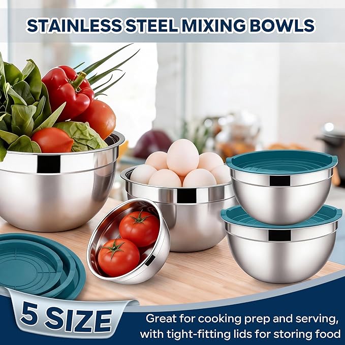 E-far Mixing Bowls With Lids Sets of 5, 10-Piece Stainless Steel Salad Metal Nesting Bowl for Baking Cooking and Prepping, Airtight Lid & Stackable Design, Size 4.6, 3, 2.1, 1.5, 0.7 QT, Blue - Image 4