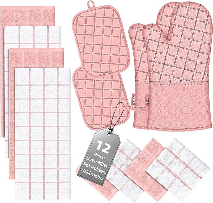 Oven Mitts Pot Holders Sets/Kitchen Towels and Dishcloths, Oven Gloves Kitchen Dish Towels 500 Degree Heat Resistant Potholders with Non-Slip Silicone Surface for Cooking, Grilling, Baking-Pink by BSKSSK