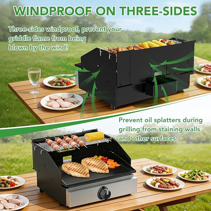 Universal Wind Guard and Warming Rack Fit for Griddle Without a Hood from 16" to 22", Wind Screen and Cooking Grid BBQ Griddle Accessories for Blackstone and Other Griddle with Rear Grease