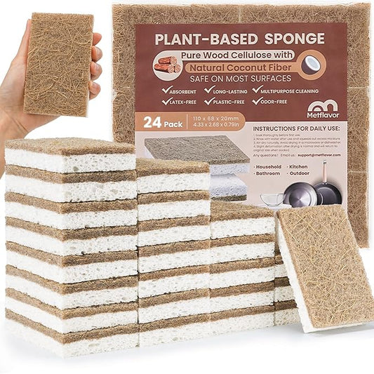 Metflavor 24 Pack Natural Kitchen Sponges, Biodegradable Non-Scratch Cellulose Sponge with Coconut Scrubber for Dishes, Compostable, Non Toxic Cleaning Sponges for Kitchen, Bathroom, Household