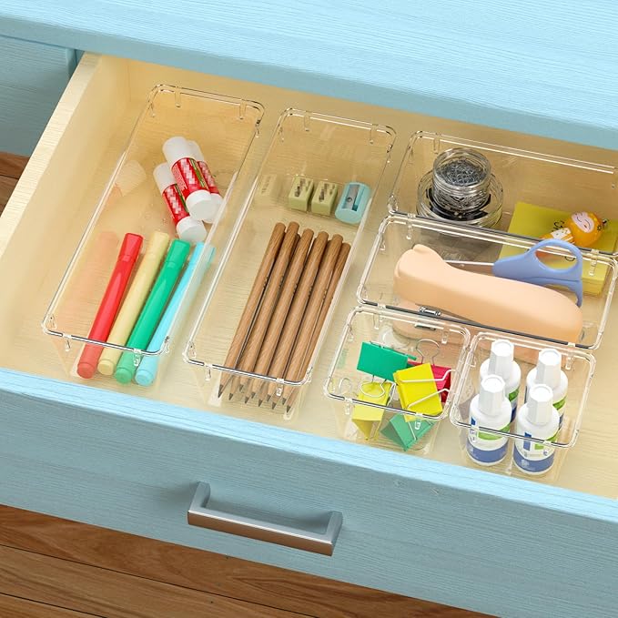 WOWBOX 12 Pack Clear Drawer Organizer Set, Acrylic Drawer Storage Trays, Storage Bins for Makeup, Cosmetics, Jewelries, Utensils, Gadgets, Office - Image 5