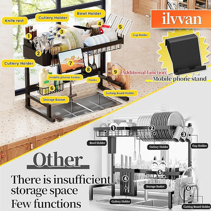 ilvvan Over Sink Dish Drying Rack (Expandable Height/Length) Snap-On Design Large Dish Drainer Storage Counter Organizer 24" - 35.5"(L) x 12"(W) x 19" - 22"(H) - Image 5
