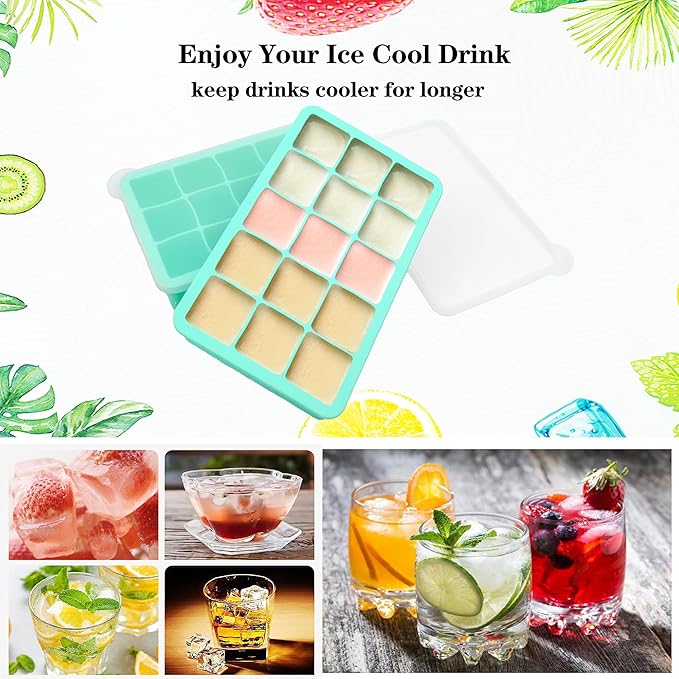 2 Pack Silicone Ice Cube Trays, Easy Release Flexible-15 Cubes Ice Cube Molds,Silicone Ice Cube Molds with Removable Lids for Cocktail, Whiskey, Baby Food, Chocolate-Reusable (Mint Green) - Image 6