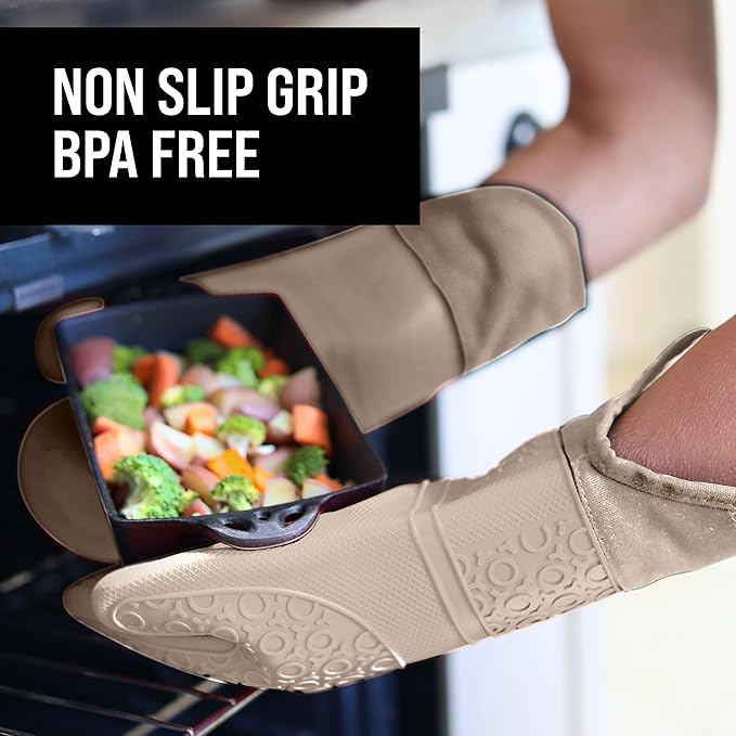 BPA-Free Silicone Oven Mitts Ultra Heat Resistant up to 500°F - Oven Mitts with Thick Cotton Liner - Long Slip Resistant Pot Holders, Flexible Oven Gloves - Beige 14.7 - Image 5