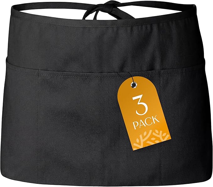White Classic 3 Pack - Black Server Waist Aprons with 3 Pockets, Waitress Half Apron by WhiteClassic