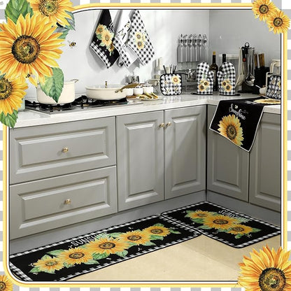 Fourluoo 10 Pcs Sunflower Kitchen Decor 4 White and Black Buffalo Plaid Kitchen Towels 2 Buffalo Check Pot Holders 2 Rustic Sunflower Oven Mitts 2 Yellow Rugs for Cooking Baking Mom Housewarming Gift - Image 6