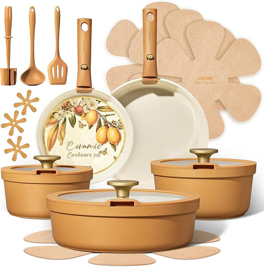 Carote 20pcs Ceramic Cookware Set with Detachable Handles, Pots and Pans Set Non Stick, RV Kitchen Cooking Pot and Pan, Dishwasher Safe, Non-toxic Induction Cookware PFAS and PFOA Free,Orange by CAROTE