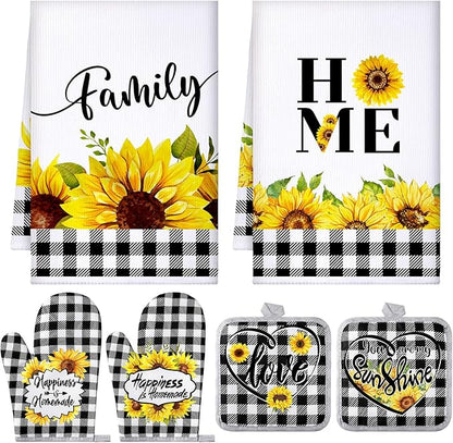 Leinuosen 6 Plaid Sunflower Kitchen Towels Kitchen Decor and Accessories Set Floral Plant Oven Mitts and Pot Holders Sets Farmhouse Absorbent Dish Towels for Cooking Baking Grilling by Leinuosen