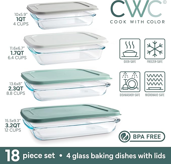 COOK WITH COLOR 8-Piece Deep Glass Baking Dish Set with Plastic Lids – Casserole and Food Storage Containers for Lasagna, Leftovers – Freezer-to-Oven, Microwave & Dishwasher Safe, Sage - Image 3