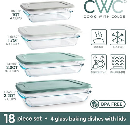 COOK WITH COLOR 8-Piece Deep Glass Baking Dish Set with Plastic Lids – Casserole and Food Storage Containers for Lasagna, Leftovers – Freezer-to-Oven, Microwave & Dishwasher Safe, Sage - Image 3