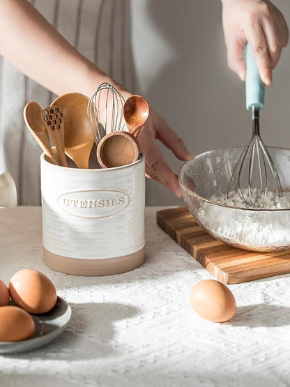 YHOSSEUN Utensil Holder Set of 2, Ceramic Utensil Holder for Kitchen Counter, 6.7"+5.1" Kitchen Utensil Crocks Spatula Holder for Countertop, Two-tone Finish Oval Opening - Image 8