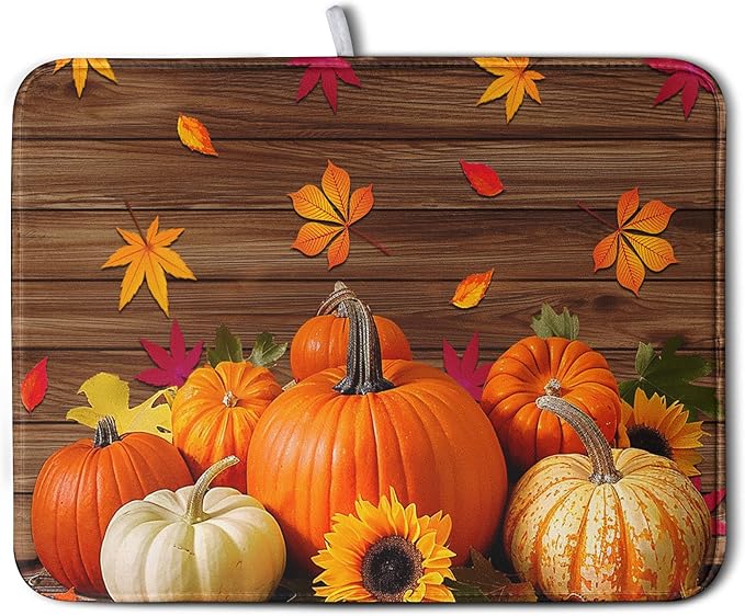 AutumnThanksgiving Pumpkin Dish Drying Mat for Kitchen Counter 18x24 Inch Fall Sunflowers Maple Leaves Harvest Kitchen Drying Mat Microfiber Super Absorbent Dish Rack Drainer Mat with Hanging Loop by Kwlegh