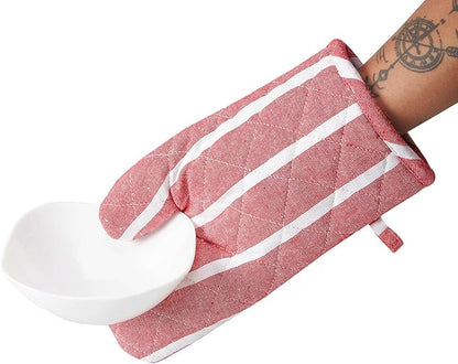 Encasa XO Long 12"x7" Oven Microwave Hand Gloves Mitts (2 pc Set) for Kitchen Cooking & Baking - Heat Resistant, Thick & Safe, Protection of Hands from Hot Utensils - Roma Red Stripes