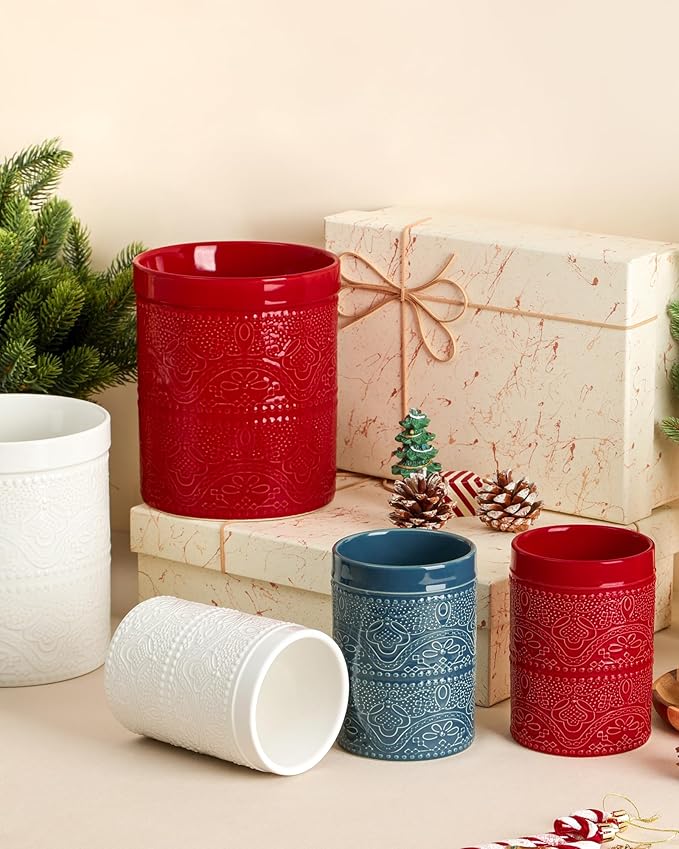 FUN ELEMENTS Kitchen Utensil Holder, 7.2+5.5" Super Large Utensil Crock Heavy and Stable Lace Emboss Ceramic Utensil Holder for Kitchen Counter (2Pcs Christmas Red) - Image 7
