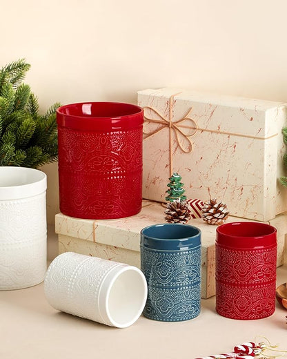 FUN ELEMENTS Kitchen Utensil Holder, 7.2+5.5" Super Large Utensil Crock Heavy and Stable Lace Emboss Ceramic Utensil Holder for Kitchen Counter (2Pcs Christmas Red) - Image 7