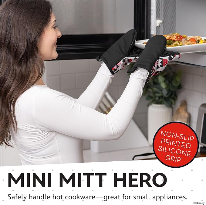 Disney Oven Mitts 2-Pack - 5.5” x 7.5” Heat-Resistant Mini Oven Mitts with Non-Slip Printed Silicone Disney Silhouettes - Pot Holders for Kitchen - Mickey & Minnie, Stitch, Winnie the Pooh