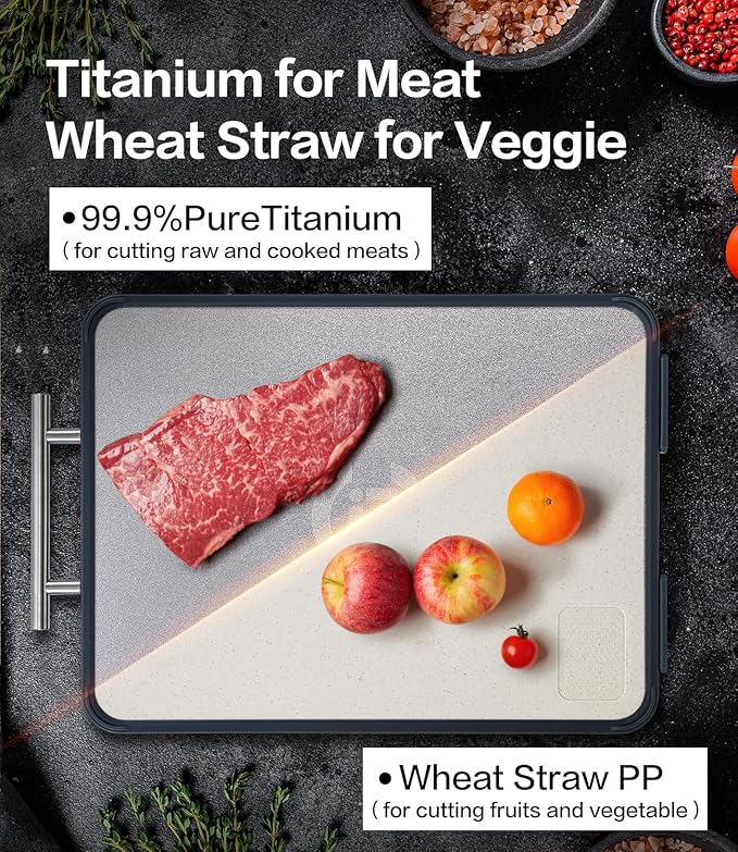 Titanium Cutting Board for Kitchen- Double Sided Cutting Board with Stand, Textured Food-Grade Pure Titanium Side for Chopping Meat, PP Side for Vegetables, Easy to Clean(14.5”×11”, 1 PC)