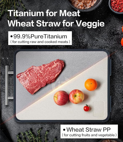 Titanium Cutting Board for Kitchen- Double Sided Cutting Board with Stand, Textured Food-Grade Pure Titanium Side for Chopping Meat, PP Side for Vegetables, Easy to Clean(14.5”×11”, 1 PC)