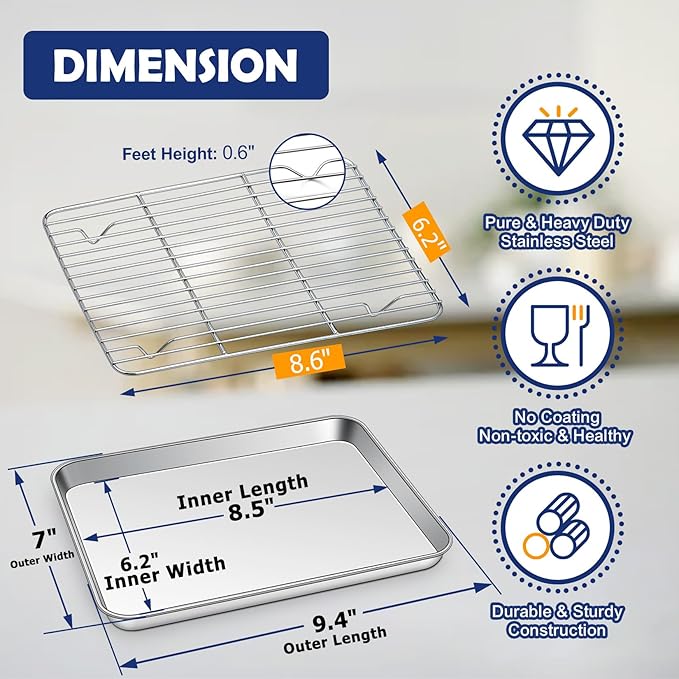 9 Inch Baking Sheet Pan with Rack Set, Joyfair Stainless Steel Toaster Oven Pans Tray & Cooling Racks for Cookie/Jelly Roll/Bacon/Meat, Commercial Metal & Rust-free, Dishwasher Safe - Image 2