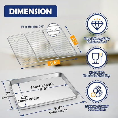 9 Inch Baking Sheet Pan with Rack Set, Joyfair Stainless Steel Toaster Oven Pans Tray & Cooling Racks for Cookie/Jelly Roll/Bacon/Meat, Commercial Metal & Rust-free, Dishwasher Safe - Image 2