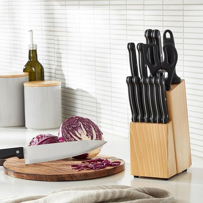 Amazon Basics 14-Piece High Carbon Stainless Steel Kitchen Knife Set with Full Tang Construction, Ergonomic Handles, Sharpener and Pinewood Block, Black - Image 8