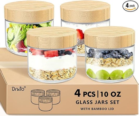 DRKIO 10 Oz Overnight Oats Containers with Bamboo Lids - 4 Pack Glass Storage Jars with Airtight Lids Wide Mouth Mason Food Jars Great for Meal Prep Salad Chia Pudding Snacks Yogurt Sugar Spice