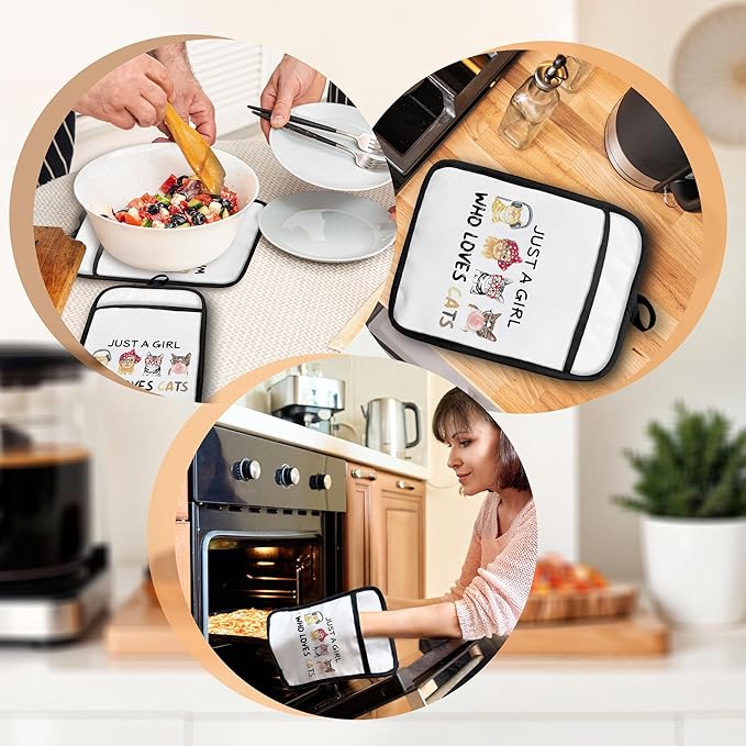 Cat Pot Holders with Pockets, Just a Girl Who Loves Cats Oven Pot Holders Heat Resistant Oven Mitts Hot Pads for Kitchen Baking Cooking