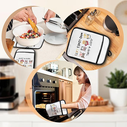 Cat Pot Holders with Pockets, Just a Girl Who Loves Cats Oven Pot Holders Heat Resistant Oven Mitts Hot Pads for Kitchen Baking Cooking