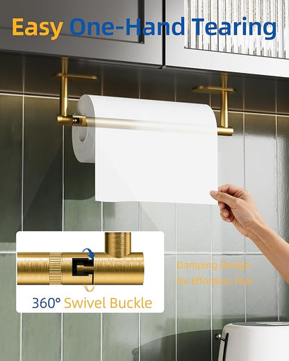 RUACQ Paper Towel Holder Under Cabinet, Wall Mounted or Adhesive Stainless Steel Paper Towel Holder,Round Base Paper Towel Rack for Kitchen, RV, Bathroom (Brushed Gold)