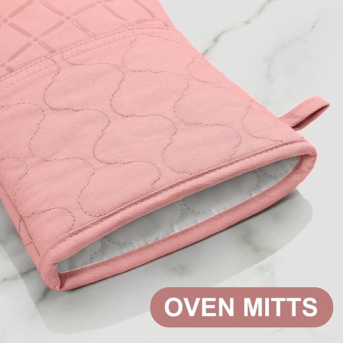 Oven Mitts Pot Holders Sets/Kitchen Towels and Dishcloths, Oven Gloves Kitchen Dish Towels 500 Degree Heat Resistant Potholders with Non-Slip Silicone Surface for Cooking, Grilling, Baking-Pink - Image 3