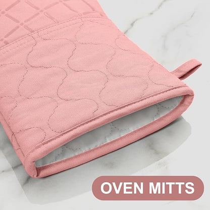 Oven Mitts Pot Holders Sets/Kitchen Towels and Dishcloths, Oven Gloves Kitchen Dish Towels 500 Degree Heat Resistant Potholders with Non-Slip Silicone Surface for Cooking, Grilling, Baking-Pink - Image 3