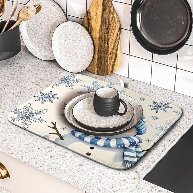 Winter Snowman Dish Drying Mat for Kitchen Counter 16x18 Blue Snowflake Bird Christmas Holiday Absorbent Reversible Microfiber Drying Mats Kitchen Countertop Protector Dishes Drainer Rack Pad - Image 5