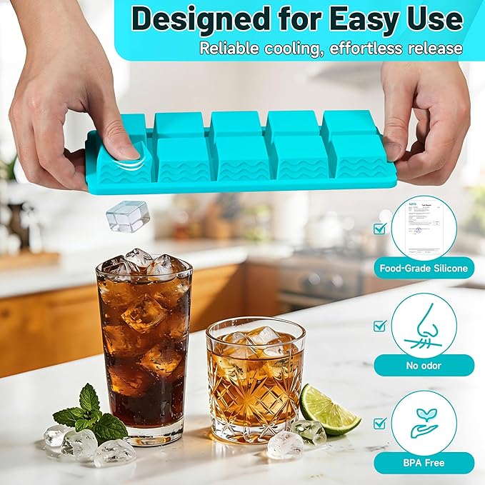 Ice Cube Tray with Lid – 3 Pack 2 Tbsp Ice Trays for Freezer, Stackable, BPA-Free, Easy Release Large Ice Cube Molds for Chocolate, Cocktails, Iced Coffee, Whiskey & Juice (10-cube,blue)