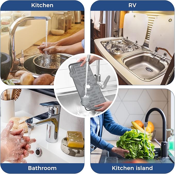 2 Pcs Silicone Faucet Handle Drip Catcher Tray, 2 in 1 Dish Soap Sponge Holder for Kitchen Sink & Splash Guard, Drying Mat for Sink Accessories, Counter, Bathroom - Image 7