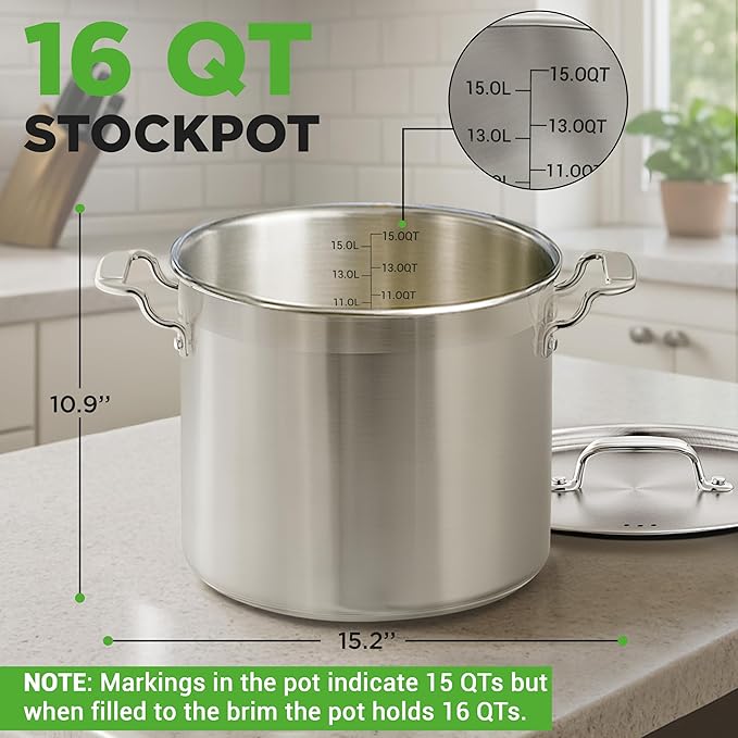 NutriChef 16-Quart Stainless Steel Stockpot - 18/8 Food Grade Heavy Duty Large Stock Pot for Stew, Simmering, Soup, Includes Lid, Dishwasher Safe, Works w/Induction, Ceramic & Halogen Cooktops - Image 2