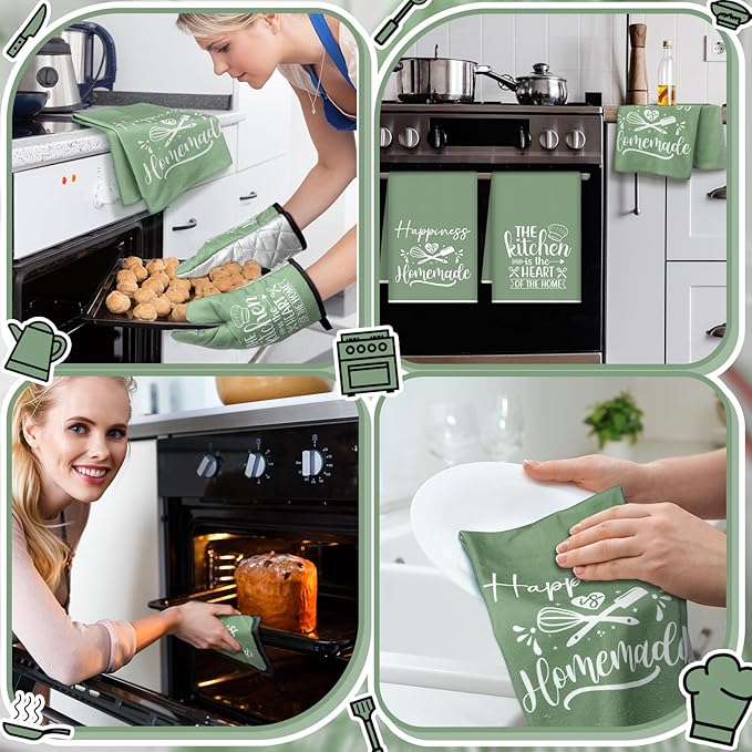 Sratte 6 Pcs Kitchen Decor Accessories Set Farmhouse Towels Pot Holders Oven Mitts Set 2 Dish Towels 2 Potholders 2 Cooking Mittens Oven Glove for Christmas Baking Cooking Supply(Sage Green,Kitchen) - Image 5