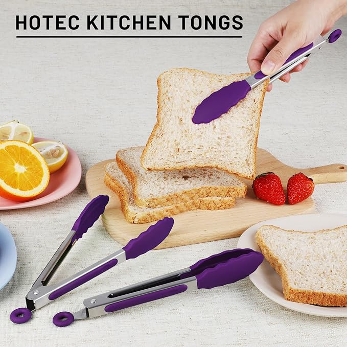 Hotec Mini Silicone Kitchen Tongs for Cooking - 7-Inch Small Serving Tongs with Silicone Tips, Set of 3 (Purple) - Image 6
