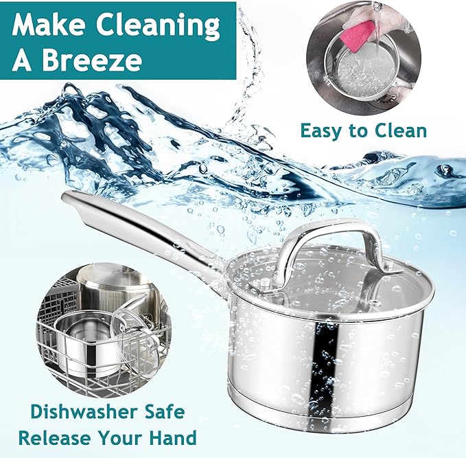 E-far Stainless Steel Saucepan with Lid Set - 1QT & 2QT, Triply Sauce Pan Induction Pot for Cooking, Boiling, Compatible with All Stoves, Visible Lid, Healthy & Non Toxic, Oven & Dishwasher Safe - Image 7