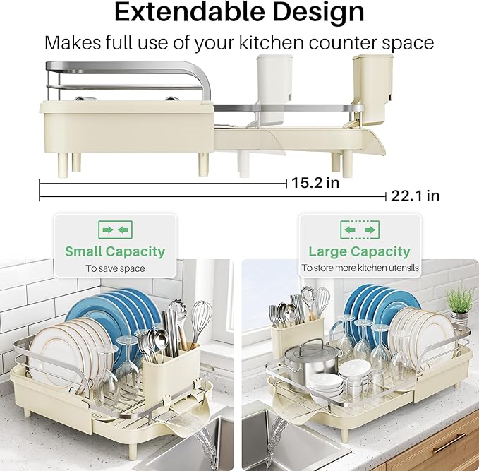 SNTD Dish Drying Rack, Expandable Dish Rack for Kitchen Counter, Stainless Steel Dish Drainer with Drainboard Set and Utensil Holder (Beige) - Image 3