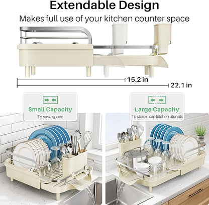 SNTD Dish Drying Rack, Expandable Dish Rack for Kitchen Counter, Stainless Steel Dish Drainer with Drainboard Set and Utensil Holder (Beige) - Image 3