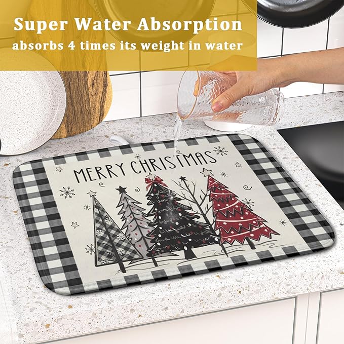 Merry Christmas Tree Dish Drying Mat for Kitchen Counter 16x18 Inch Black Red Grey Xmas Plaid Print Absorbent Reversible Microfiber Drying Mats Kitchen Countertop Protector Dishes Drainer Rack Pad - Image 7