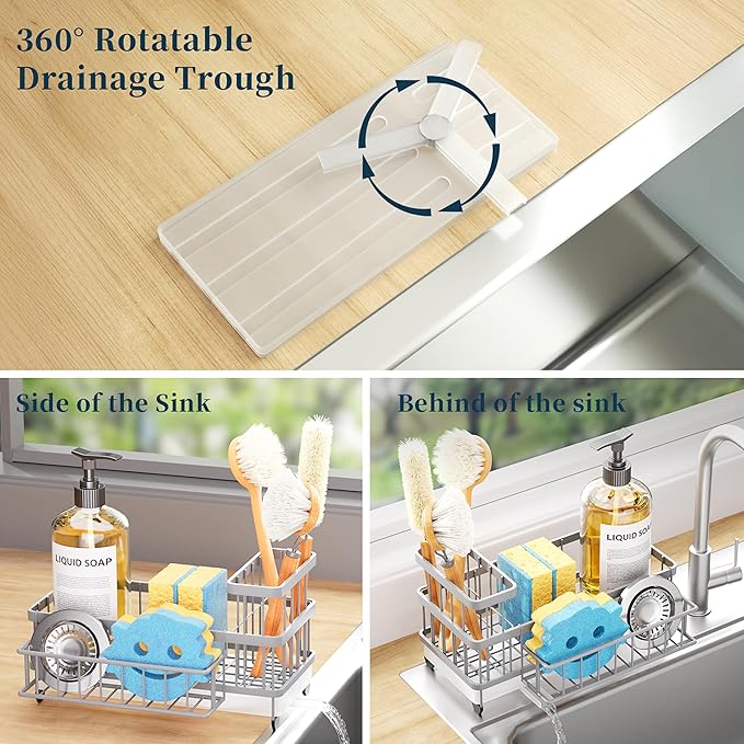 Consumest Sponge Holder for Kitchen Sink - Auto Draining Sink Caddy Organizer with Detachable Rack, High Brush Holder, Kitchen Countertop Storage Accessories, Grey - Image 2