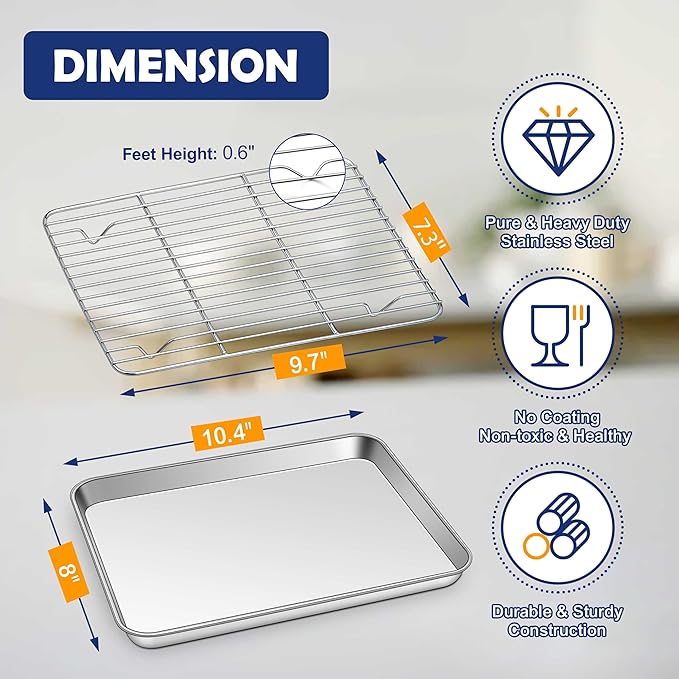 10.4 Inch Baking Sheet Pan with Rack Set, Joyfair Stainless Steel Toaster Oven Pans Tray & Cooling Racks for Cookie/Jelly Roll/Bacon/Meat, Commercial Metal & Rust-free, Dishwasher Safe - Image 2