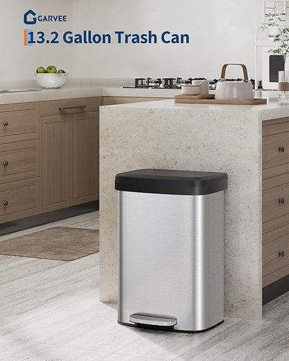 Garvee 13 gal / 50 L Stainless Steel Trash Can with Lid, Large Garbage Can for Kitchen, Rustproof Step-on Kitchen Metal Trash Bin with Liner Rim, Rear Handle, Soft Close Plastic Lid, Silver - Image 2