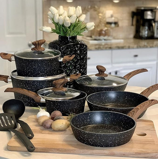 Kitchen Academy Induction Cookware Sets - 12 Piece Cooking Pan Set, Granite Black Nonstick Pots and Pans Set by KITCHENACADEMYBETTERLIVINGTHROUGHCOOKINGPERFECTION