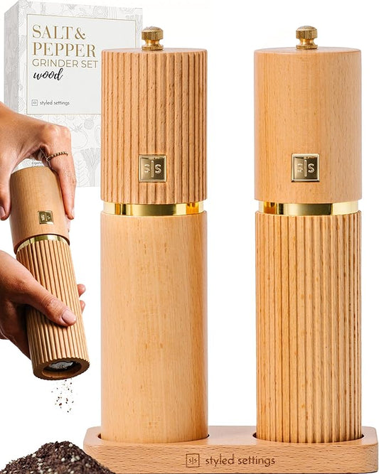 Wooden Salt and Pepper Grinder Set – Refillable Manual Salt and Pepper Mills with Adjustable Ceramic Burrs, Gold Detailing, and Wood Stand by STYLEDSETTINGS