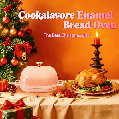 Cast Iron Bread Oven,6 QT Bread Oven,Thick Enameled Loaf Pan with Lid,Bread Pans for Homemade Bread,14.5"Dutch Oven for Bread Baking,Dutch Oven-with Silicone Baking Mat&Recipe,Gifts for Family,Pink