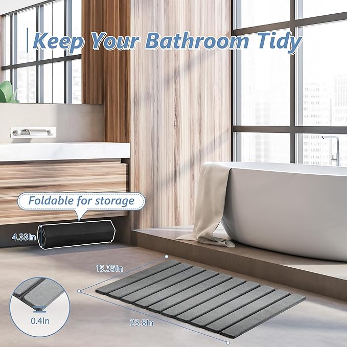 AWW Foldable Stone Bath Mat, Super Absorbent Diatomaceous Earth Mats, Non-Slip 23.6 x 15.5 Inch Quick Drying Mat, Compact and Easy to Store Bath Mats for Bathroom, Easy to Clean, Grey - Image 5